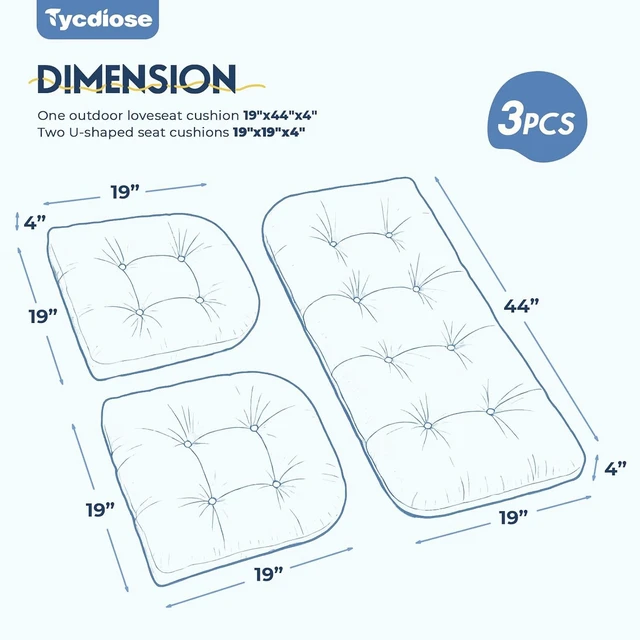 Alt view image 3 of 6 - All-Weather Waterproof Wicker Chair Cushions, 1 Loveseat & 2 U-Shaped for Patio Bench Settee, Royal Blue, 3 Pieces