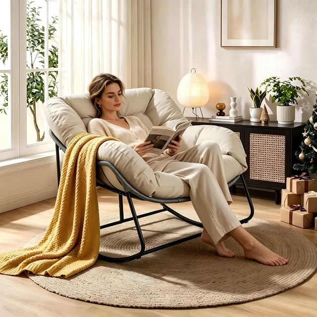 Alt view image 3 of 7 - Oversized Egg Rocking Chair, All-Weather Wicker Rattan Lounge Rocker with Cushion for Porch, Garden & Balcony (Beige)