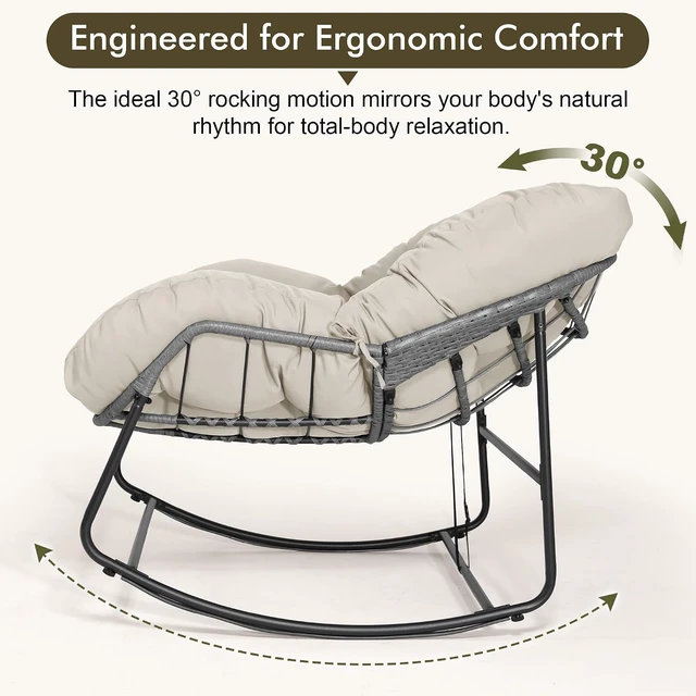 Alt view image 4 of 7 - Oversized Egg Rocking Chair, All-Weather Wicker Rattan Lounge Rocker with Cushion for Porch, Garden & Balcony (Beige)