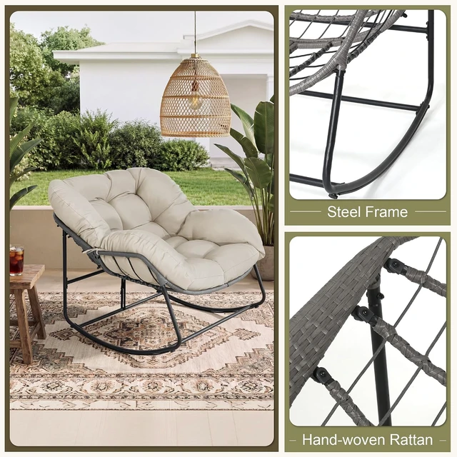 Alt view image 6 of 7 - Oversized Egg Rocking Chair, All-Weather Wicker Rattan Lounge Rocker with Cushion for Porch, Garden & Balcony (Beige)