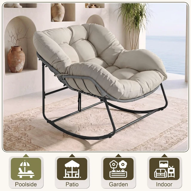 Alt view image 7 of 7 - Oversized Egg Rocking Chair, All-Weather Wicker Rattan Lounge Rocker with Cushion for Porch, Garden & Balcony (Beige)