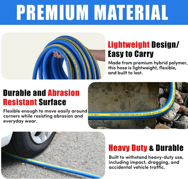 Alt view image 4 of 7 - Hybrid Polymer Garden Hose, 5/8 in x 50 FT, Lightweight Kink-Resistant All-Weather with Solid Brass GHT Fittings, 600 PSI Burst Pressure