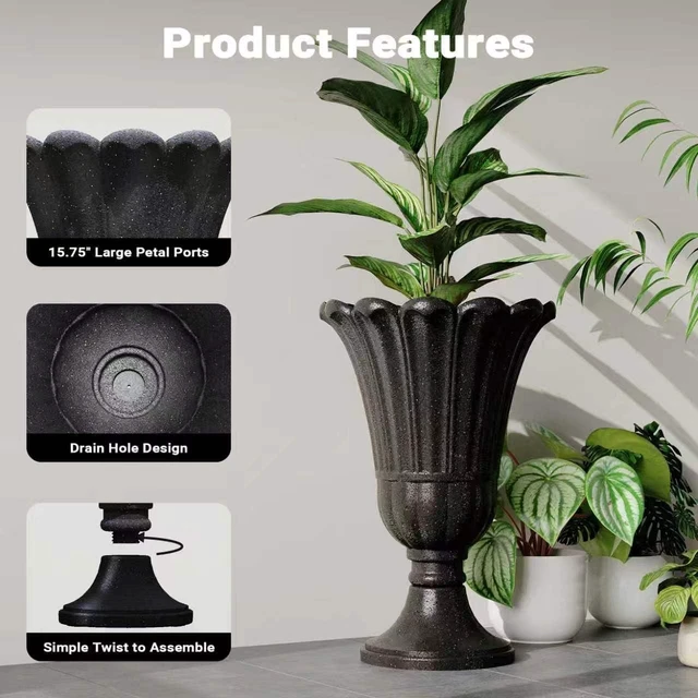 Alt view image 3 of 7 - Black 24" Tall Urn Planters, Set of 2 Outdoor Planters for Porch