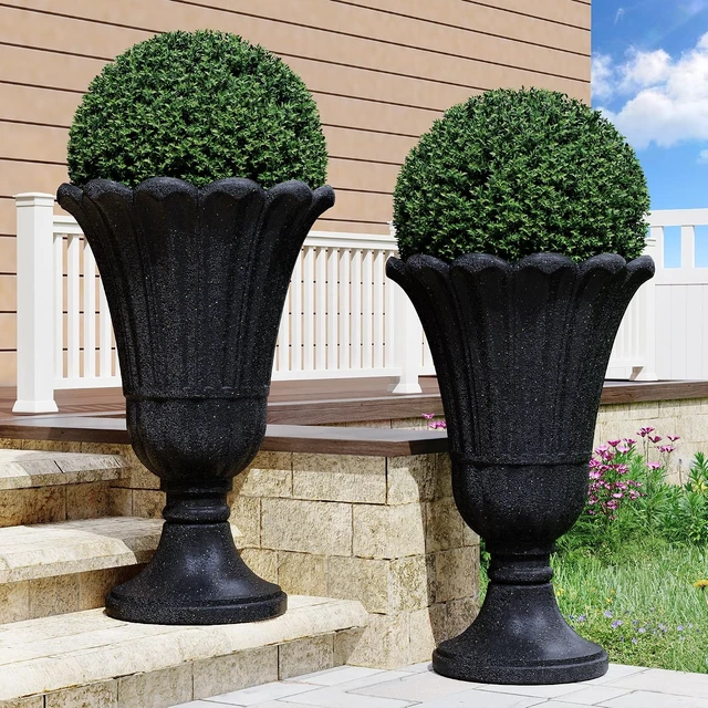 Alt view image 5 of 7 - Black 24" Tall Urn Planters, Set of 2 Outdoor Planters for Porch