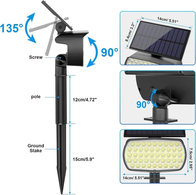 Alt view image 7 of 7 - 108-LED Solar Spot Lights, IP65 Waterproof, 3 Modes with Large Solar Panel for Garden, Yard & Pathway (Cool White/4 Pack)