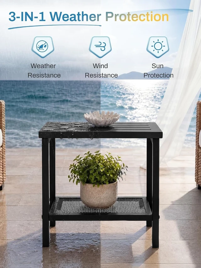 Alt view image 4 of 7 - Black HDPE Outdoor Side Table with 2-Tier Storage
