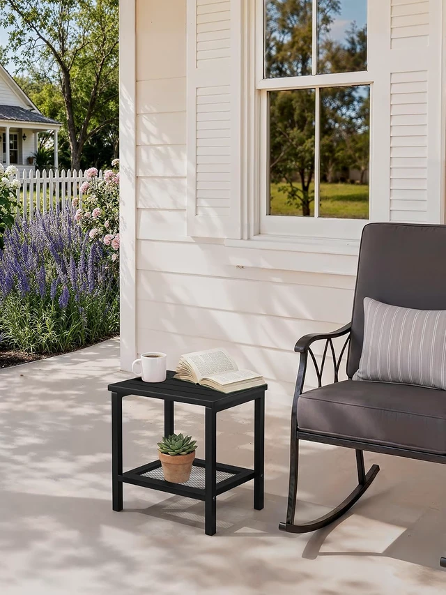 Alt view image 7 of 7 - Black HDPE Outdoor Side Table with 2-Tier Storage