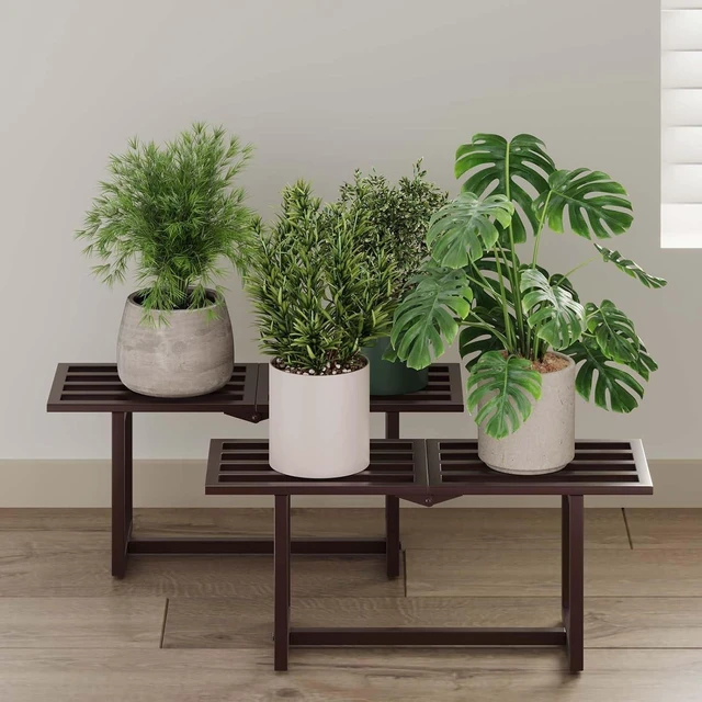 Main image of Foldable Metal Plant Stand, Indoor & Outdoor, Coffee, 2 Pack