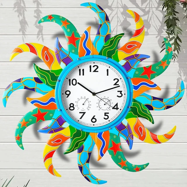 Main image of 25'' Large Sun Outdoor Clock & Thermometer Combo, Waterproof Silent Non-Ticking Wall Clock for Home, Office & Outdoor Use