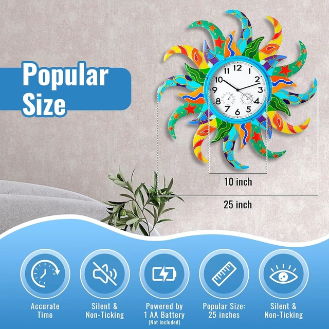 Alt view image 2 of 7 - 25'' Large Sun Outdoor Clock & Thermometer Combo, Waterproof Silent Non-Ticking Wall Clock for Home, Office & Outdoor Use