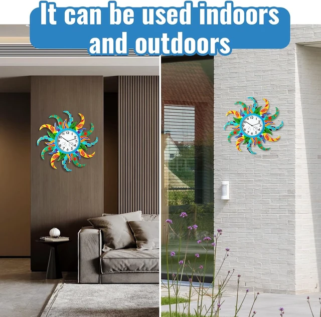 Alt view image 3 of 7 - 25'' Large Sun Outdoor Clock & Thermometer Combo, Waterproof Silent Non-Ticking Wall Clock for Home, Office & Outdoor Use