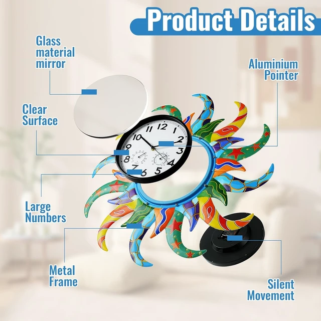 Alt view image 4 of 7 - 25'' Large Sun Outdoor Clock & Thermometer Combo, Waterproof Silent Non-Ticking Wall Clock for Home, Office & Outdoor Use