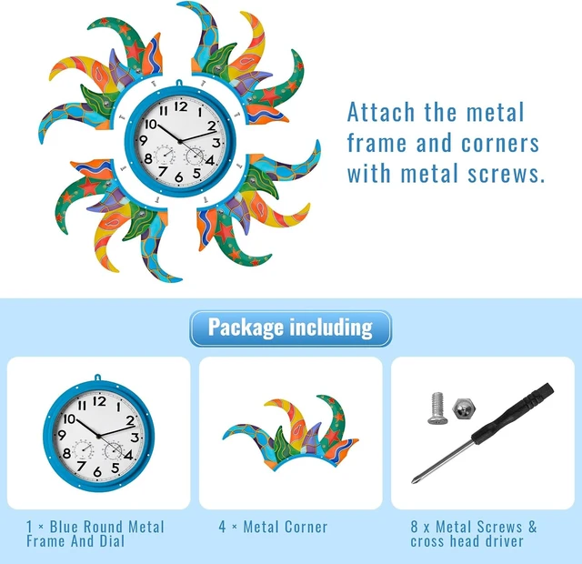Alt view image 6 of 7 - 25'' Large Sun Outdoor Clock & Thermometer Combo, Waterproof Silent Non-Ticking Wall Clock for Home, Office & Outdoor Use