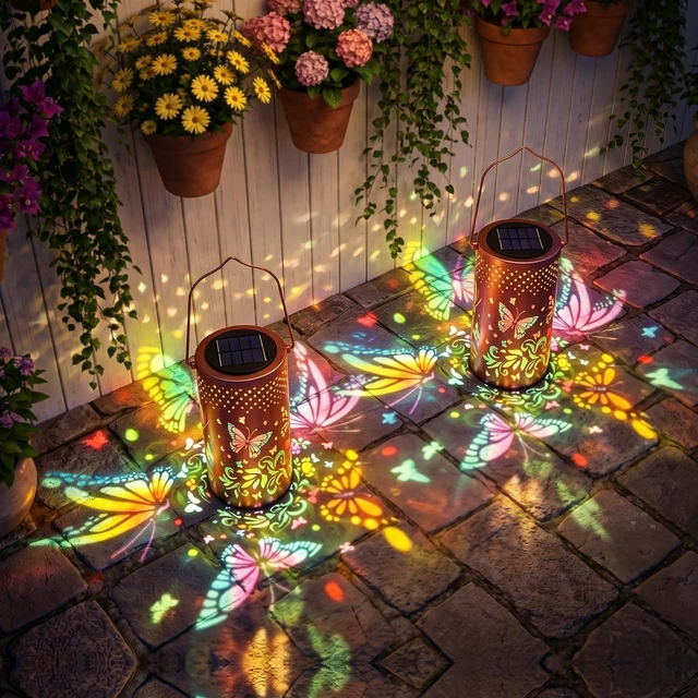 Main image of Colorful Butterfly Metal Solar Lanterns, Waterproof Outdoor Hanging Décor for Porch, Yard, Path & Garden Gift for Mom & Grandma, 2 Pack