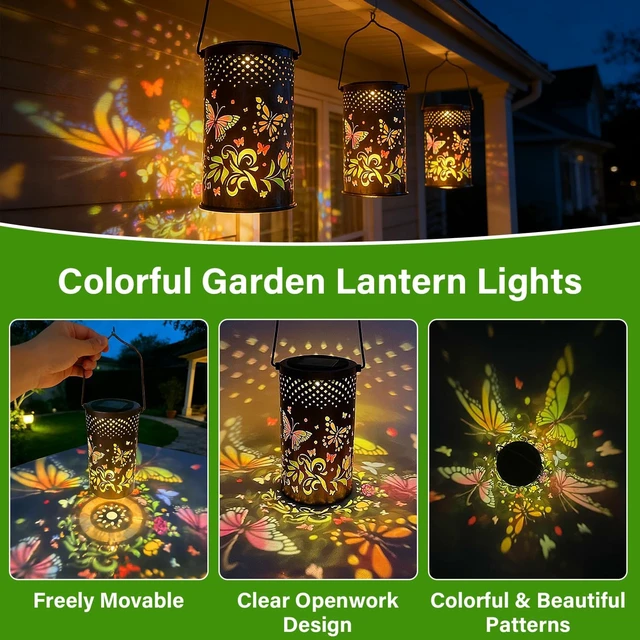 Alt view image 3 of 7 - Colorful Butterfly Metal Solar Lanterns, Waterproof Outdoor Hanging Décor for Porch, Yard, Path & Garden Gift for Mom & Grandma, 2 Pack