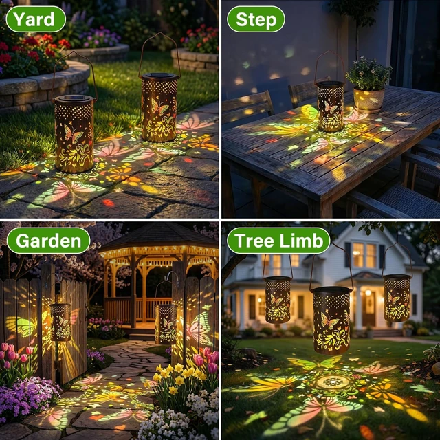 Alt view image 4 of 7 - Colorful Butterfly Metal Solar Lanterns, Waterproof Outdoor Hanging Décor for Porch, Yard, Path & Garden Gift for Mom & Grandma, 2 Pack