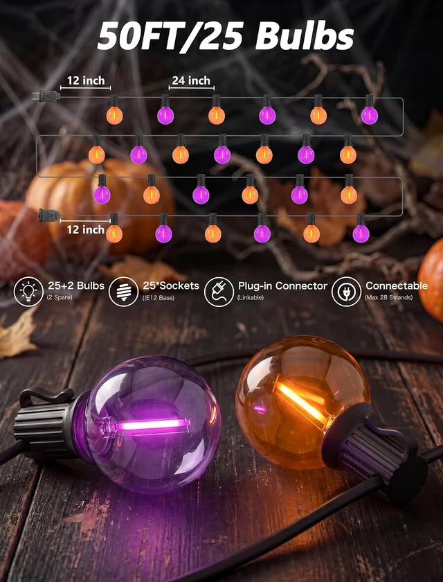 Alt view image 2 of 7 - 50FT G40 LED Halloween Globe String Lights, 27 Shatterproof Clear Orange & Purple Bulbs (2 Spare) for Patio, Balcony & Pergola