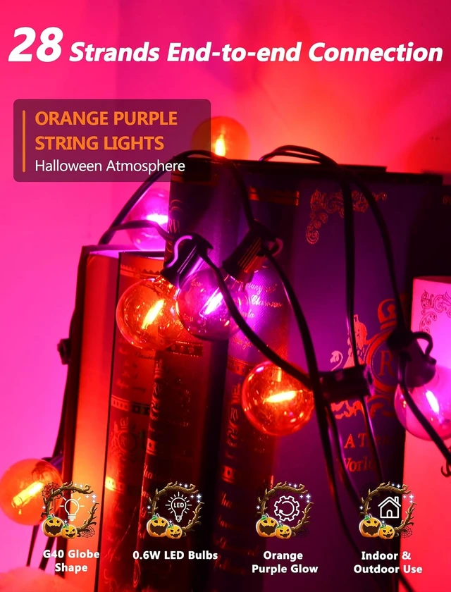 Alt view image 3 of 7 - 50FT G40 LED Halloween Globe String Lights, 27 Shatterproof Clear Orange & Purple Bulbs (2 Spare) for Patio, Balcony & Pergola