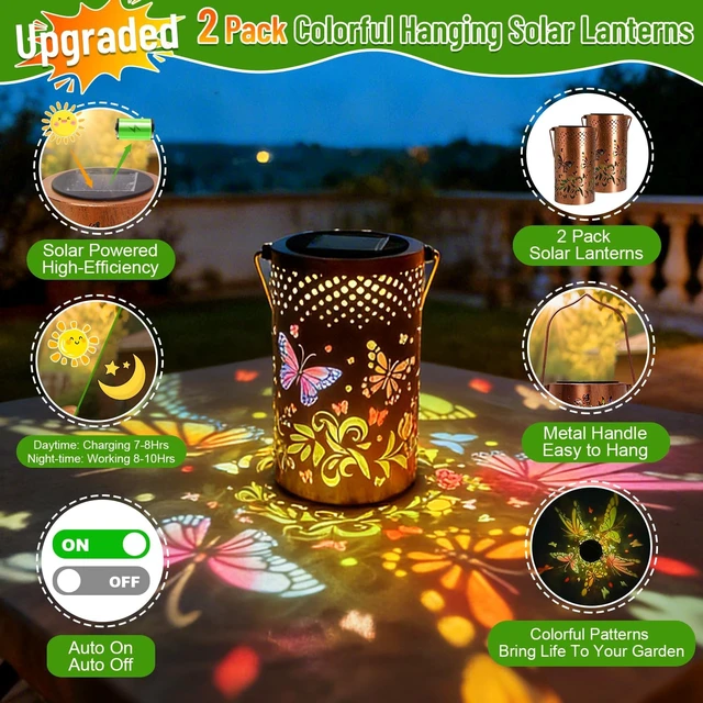 Alt view image 5 of 7 - Colorful Butterfly Metal Solar Lanterns, Waterproof Outdoor Hanging Décor for Porch, Yard, Path & Garden Gift for Mom & Grandma, 2 Pack
