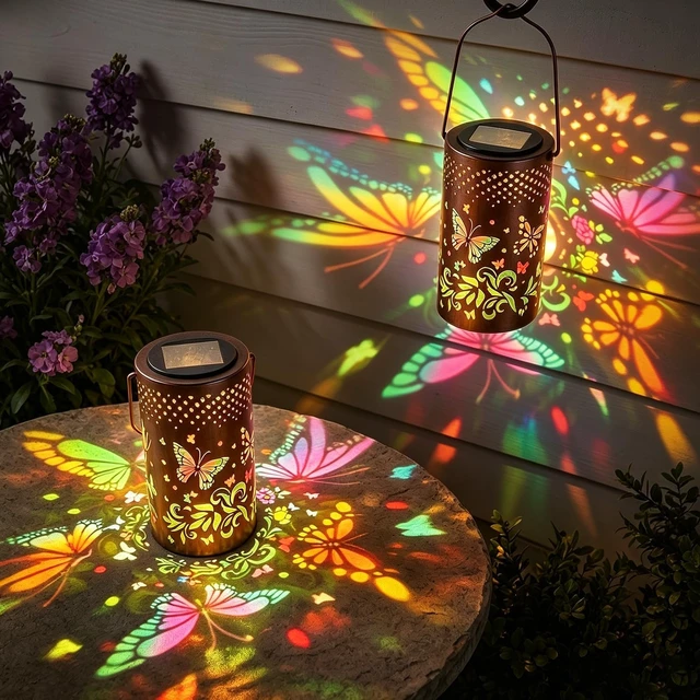 Alt view image 7 of 7 - Colorful Butterfly Metal Solar Lanterns, Waterproof Outdoor Hanging Décor for Porch, Yard, Path & Garden Gift for Mom & Grandma, 2 Pack