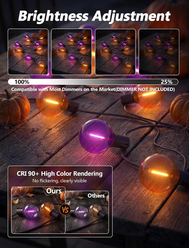 Alt view image 5 of 7 - 50FT G40 LED Halloween Globe String Lights, 27 Shatterproof Clear Orange & Purple Bulbs (2 Spare) for Patio, Balcony & Pergola