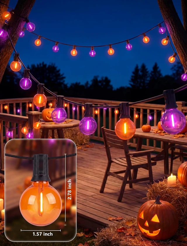 Alt view image 6 of 7 - 50FT G40 LED Halloween Globe String Lights, 27 Shatterproof Clear Orange & Purple Bulbs (2 Spare) for Patio, Balcony & Pergola
