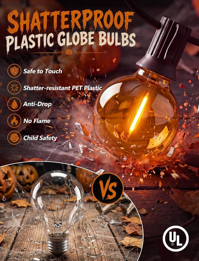 Alt view image 7 of 7 - 50FT G40 LED Halloween Globe String Lights, 27 Shatterproof Clear Orange & Purple Bulbs (2 Spare) for Patio, Balcony & Pergola