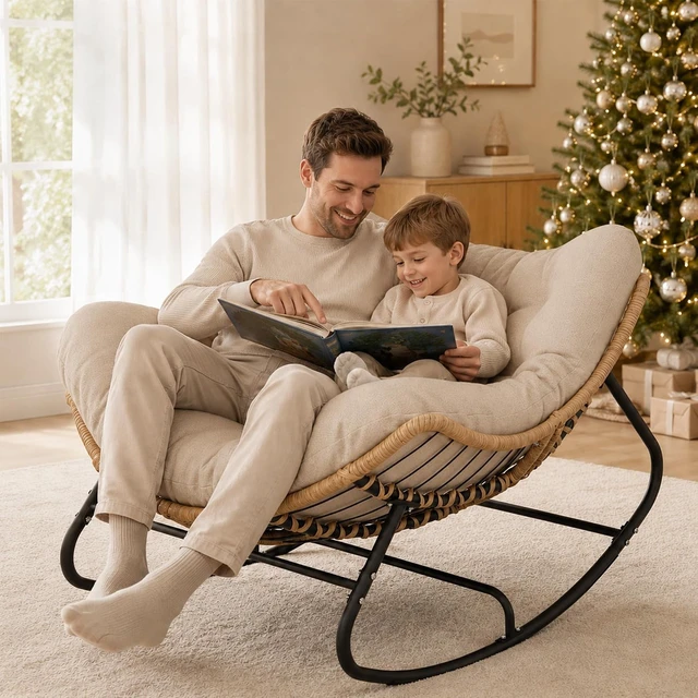 Alt view image 2 of 7 - Ivory Outdoor Wicker Papasan Rocking Chair with Cushion