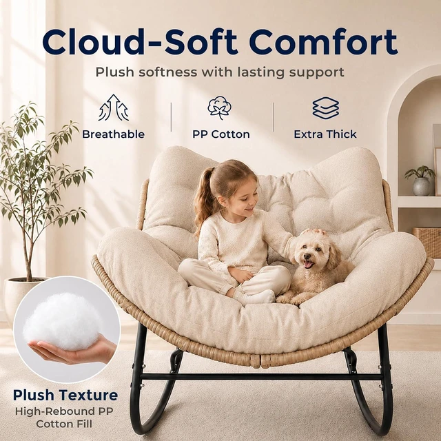 Alt view image 5 of 7 - Ivory Outdoor Wicker Papasan Rocking Chair with Cushion