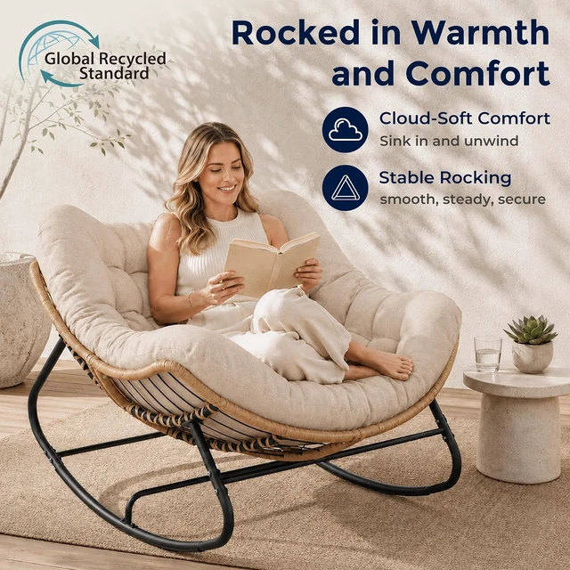 Alt view image 4 of 7 - Ivory Outdoor Wicker Papasan Rocking Chair with Cushion