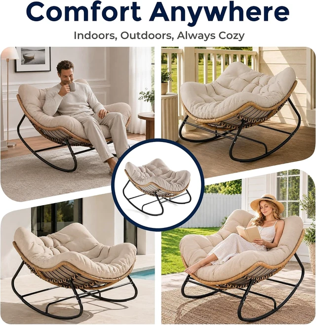 Alt view image 7 of 7 - Ivory Outdoor Wicker Papasan Rocking Chair with Cushion