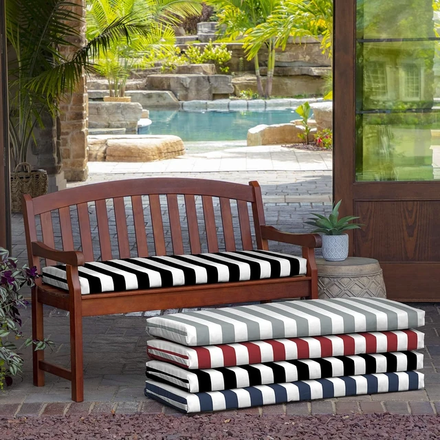 Alt view image 6 of 7 - Arden Outdoor Bench Cushion, 46 x 17, Black Cabana Stripe