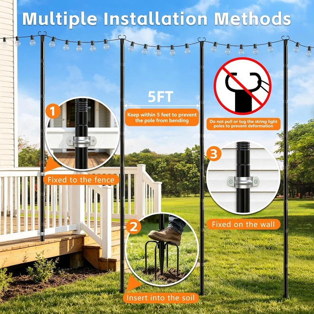 Alt view image 2 of 7 - 10Ft Metal String Light Poles with Fork & Fence Clamp, Hanging Light Stand for Deck, Patio & Garden, 6 Pack