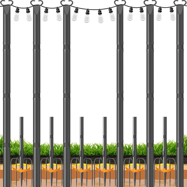 Main image of 10Ft Metal String Light Poles with Fork & Fence Clamp, Hanging Light Stand for Deck, Patio & Garden, 6 Pack