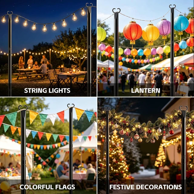 Alt view image 4 of 7 - 10Ft Metal String Light Poles with Fork & Fence Clamp, Hanging Light Stand for Deck, Patio & Garden, 6 Pack