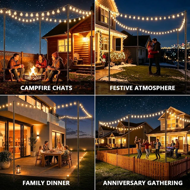 Alt view image 5 of 7 - 10Ft Metal String Light Poles with Fork & Fence Clamp, Hanging Light Stand for Deck, Patio & Garden, 6 Pack