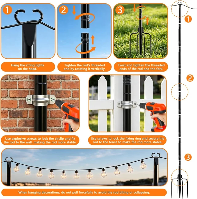 Alt view image 7 of 7 - 10Ft Metal String Light Poles with Fork & Fence Clamp, Hanging Light Stand for Deck, Patio & Garden, 6 Pack