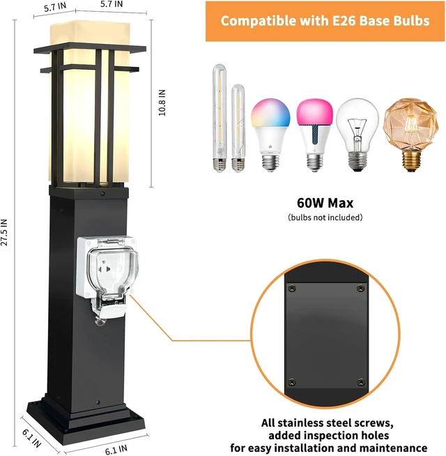 Alt view image 5 of 7 - Modern Outdoor Lamp Post with Outlet, Post Light Fixture for Yard