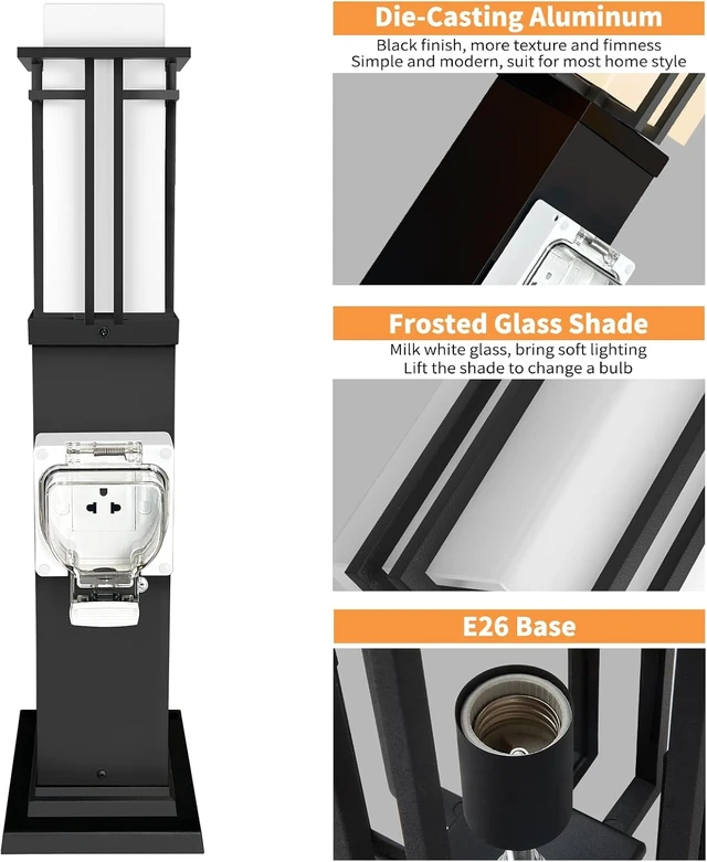Alt view image 7 of 7 - Modern Outdoor Lamp Post with Outlet, Post Light Fixture for Yard