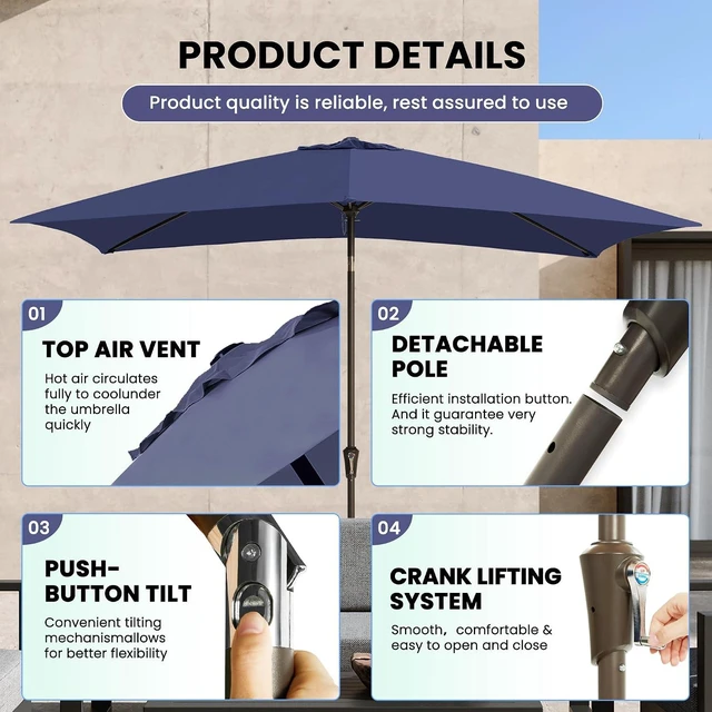 Alt view image 2 of 7 - 6.5 Ft Navy Rectangular Outdoor Patio Table Umbrella