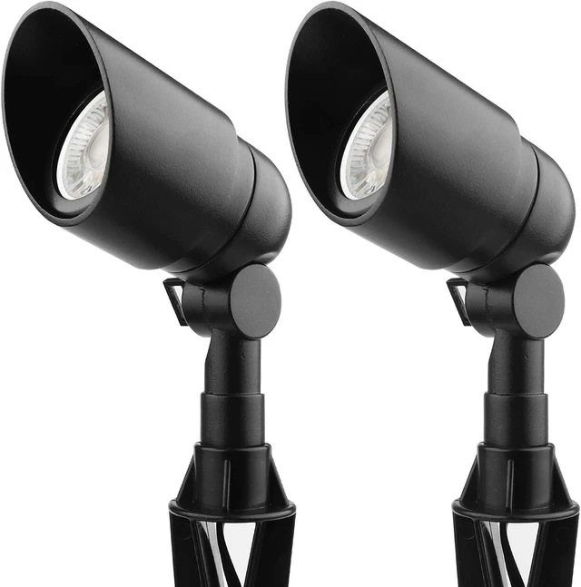 Main image of 12V 5W LED Cast-Aluminum Landscape Spotlights, 450 Lumen Warm White, Waterproof Low-Voltage for Garden, Lawn, Porch & Yard (2 Pack, Black)
