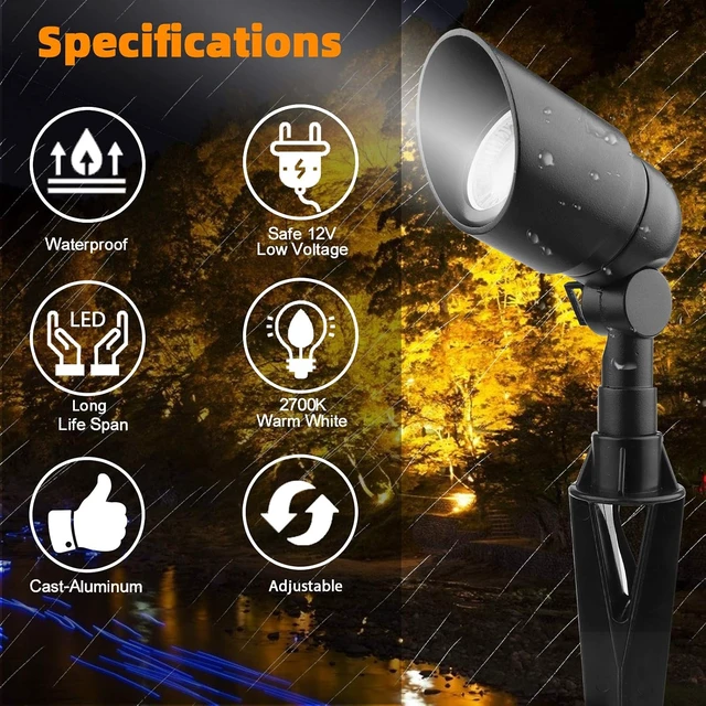 Alt view image 6 of 7 - 12V 5W LED Cast-Aluminum Landscape Spotlights, 450 Lumen Warm White, Waterproof Low-Voltage for Garden, Lawn, Porch & Yard (2 Pack, Black)