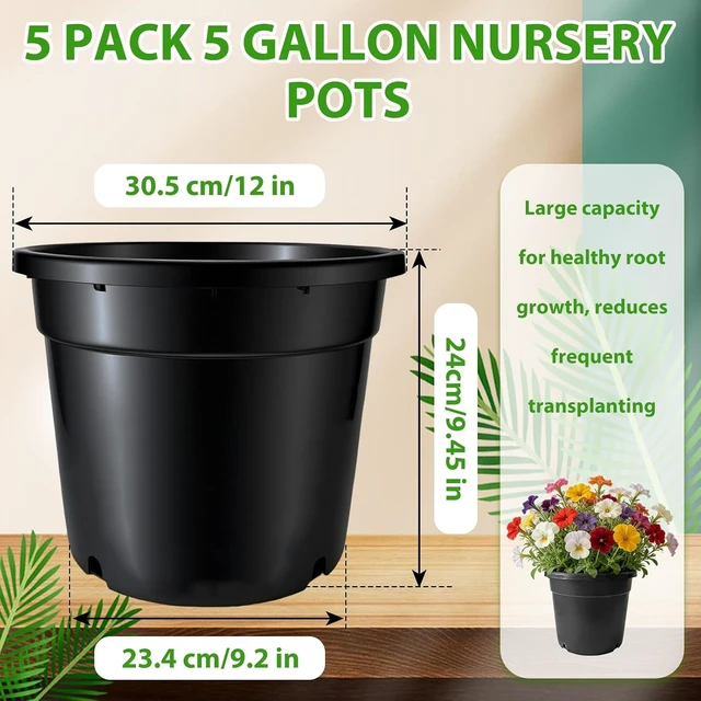 Alt view image 2 of 6 - 5-Gallon 12-Inch Round Plastic Plant Pots with Drainage Holes, Sturdy Planters for Indoor & Outdoor Flowers, Black, 5 Pack