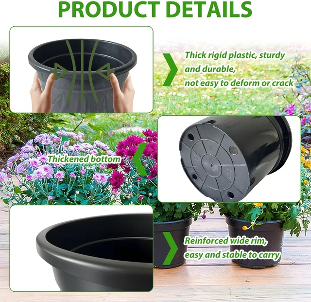 Alt view image 3 of 6 - 5-Gallon 12-Inch Round Plastic Plant Pots with Drainage Holes, Sturdy Planters for Indoor & Outdoor Flowers, Black, 5 Pack