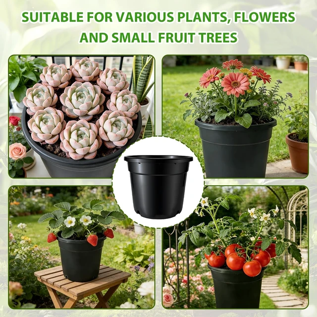 Alt view image 4 of 6 - 5-Gallon 12-Inch Round Plastic Plant Pots with Drainage Holes, Sturdy Planters for Indoor & Outdoor Flowers, Black, 5 Pack
