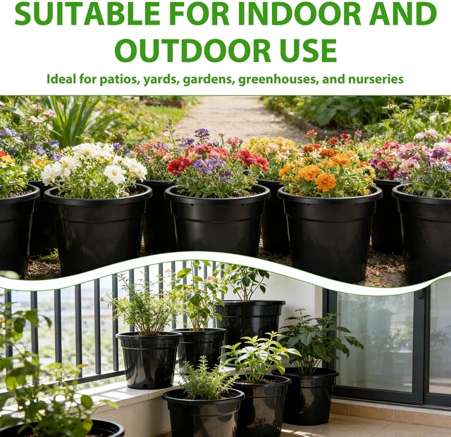 Alt view image 6 of 6 - 5-Gallon 12-Inch Round Plastic Plant Pots with Drainage Holes, Sturdy Planters for Indoor & Outdoor Flowers, Black, 5 Pack