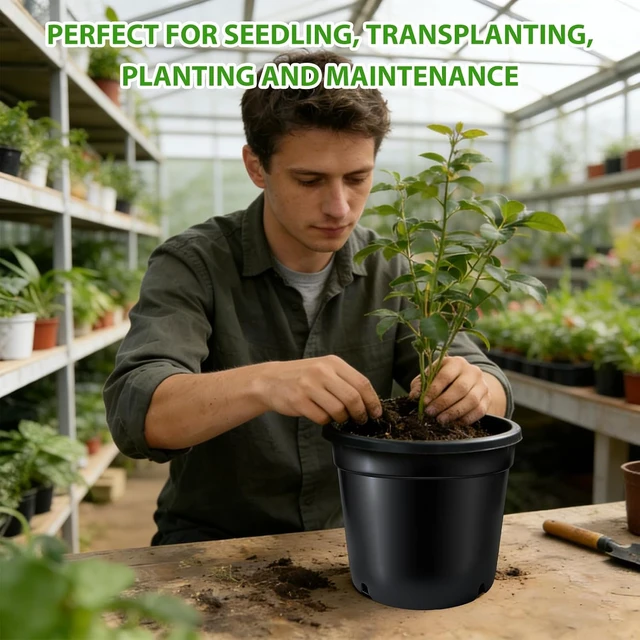 Alt view image 5 of 6 - 5-Gallon 12-Inch Round Plastic Plant Pots with Drainage Holes, Sturdy Planters for Indoor & Outdoor Flowers, Black, 5 Pack