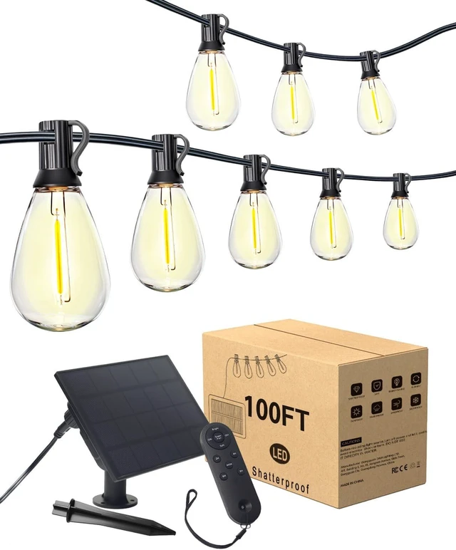 Main image of 100FT Waterproof Solar String Lights, 35 LED S11 E12 Bulbs, Remote, Dimmable Timer & 3 Modes for Backyard, Deck & Garden