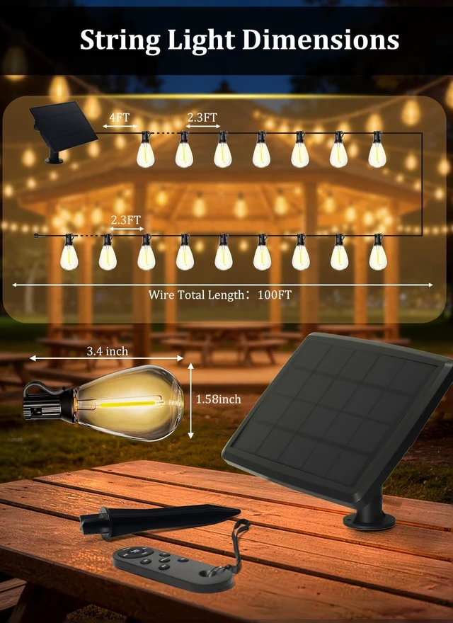 Alt view image 3 of 7 - 100FT Waterproof Solar String Lights, 35 LED S11 E12 Bulbs, Remote, Dimmable Timer & 3 Modes for Backyard, Deck & Garden
