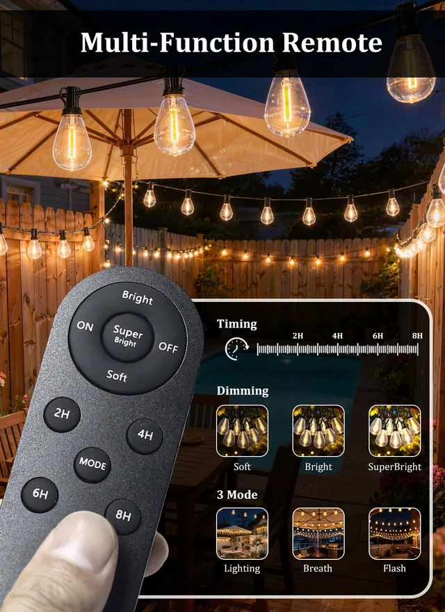 Alt view image 4 of 7 - 100FT Waterproof Solar String Lights, 35 LED S11 E12 Bulbs, Remote, Dimmable Timer & 3 Modes for Backyard, Deck & Garden